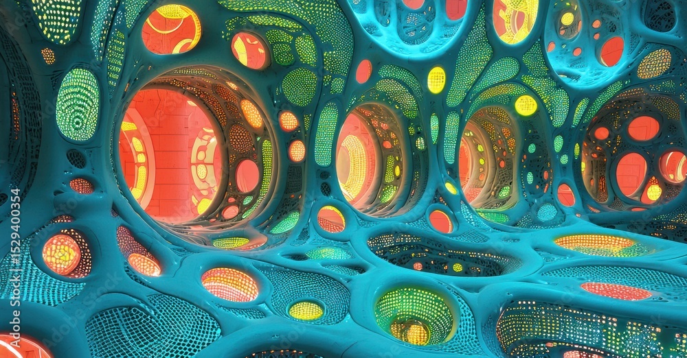 Poster intricate tunnel structure. vibrant colors, organic shapes, glowing lights create surreal futuristic