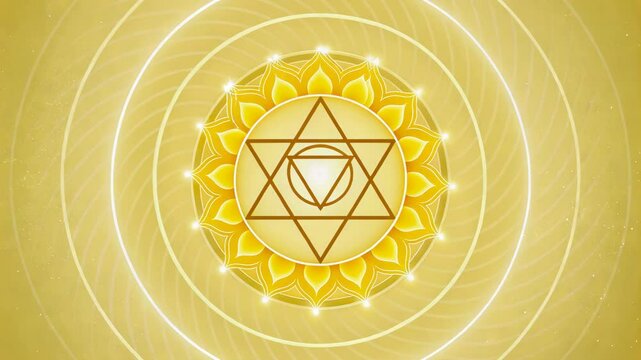 Serene Yellow Solar Plexus Chakra Animation: Spiritual Energy Healing Mandala Art featuring radiant golden light and intricate geometric designs for meditation and wellness.