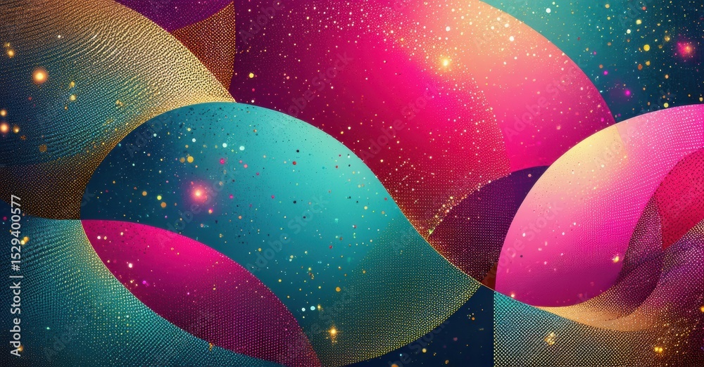 Aufkleber Abstract colorful shapes overlap, creating vibrant dynamic composition. Glittering particles enhance visual depth, texture.