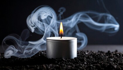 Burning candle with smoke, and dark soil.