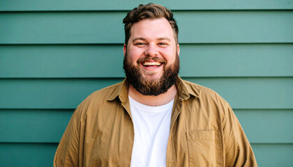 Happy plus size man against green wall. Portrait of young male.