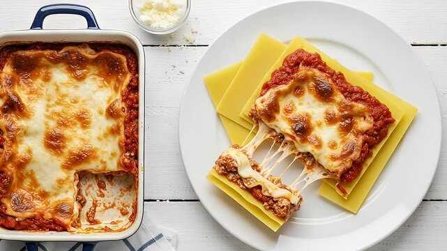 Baked Lasagna with Melted Cheese and Red Tomato Sauce on White Plate and Baking Dish with Wooden Background for Adobe Stock Photos