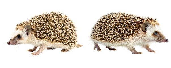 Two hedgehogs on display on transparent background