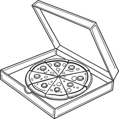 This collection of black and white line art illustrates various views of a pizza box, some including a slice of pizza or the entire pizza inside