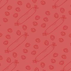 Seamless repeating pattern of hand-drawn red sausages on a white background. Fun and quirky food-themed design suitable for packaging, fabric, kitchen wallpaper, wrapping paper, and culinary projects.