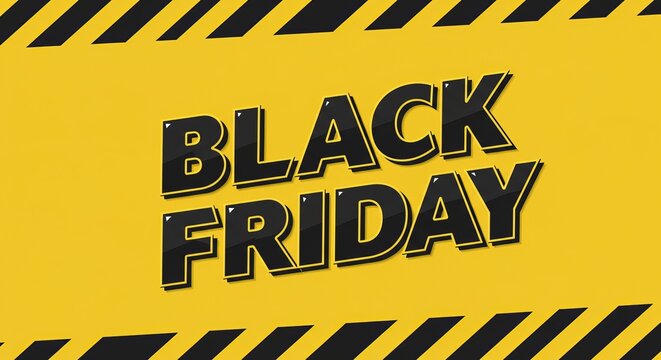 Black Friday text on a yellow background with diagonal black stripes, for promotional sale advertising.