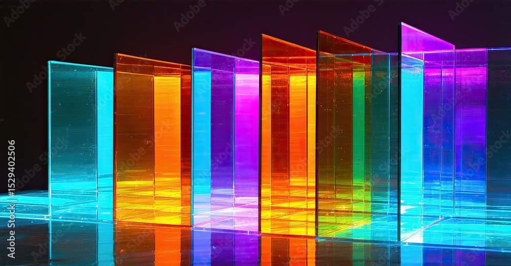 Poster Vibrant translucent columns illuminate dark space. Reflections create colorful patterns, suggesting modern art installation.