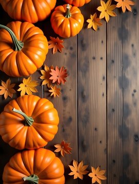 Bright Orange Pumpkins on Rustic Wood Background with Space for Text