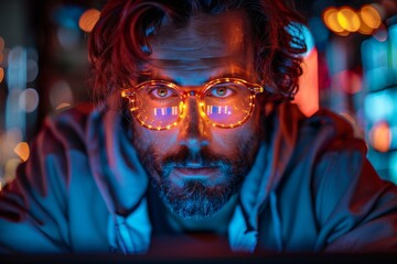 This captivating portrait features a man wearing bright, round glasses illuminated by colorful neon lights, creating an intriguing and vibrant atmosphere in the foreground.