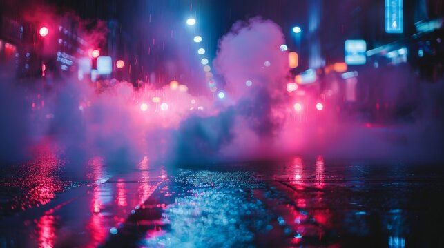 A wet urban street is enveloped in mist, illuminated by vibrant neon lights reflecting off the pavement, creating an atmospheric and mysterious cityscape at night.