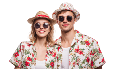 Happy tourist couple in summer clothes looking cheerful