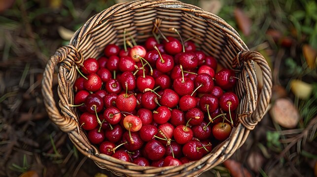 A bountiful basket filled with vibrant, freshly picked cherries, showcasing their rich red color and natural shine, perfect for food photography and culinary delights.