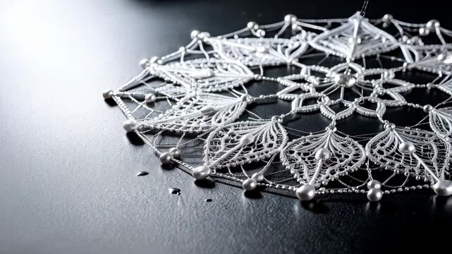 Delicate ornamental lace pattern with silver beads and threads against a dark glossy background creates a sophisticated artistic texture.