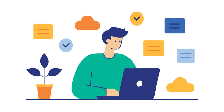 Man working on laptop with colorful notes and clouds