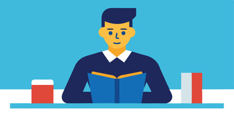 Young man student reading book desk studying education