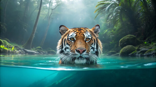 Majestic bengal tiger in teal water with lush green forest backdrop portrait