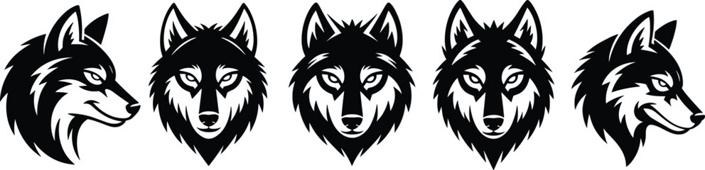 Set of fierce wolf head mascots in a bold, black and white vector style, perfect for sports teams, esports logos, and tribal designs