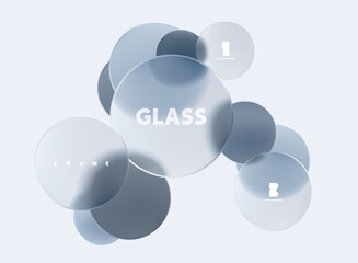 Transparent geometric circles and balls in liquid glass style. Abstract poster design.