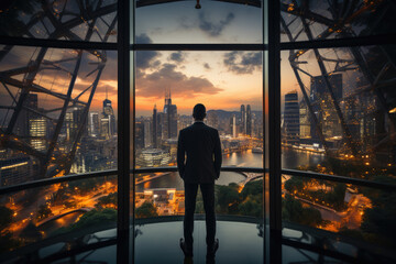 Fototapeta premium A businessman stands confidently by a large window, gazing at a breathtaking city skyline during sunset, embodying ambition and success in a metropolitan environment.