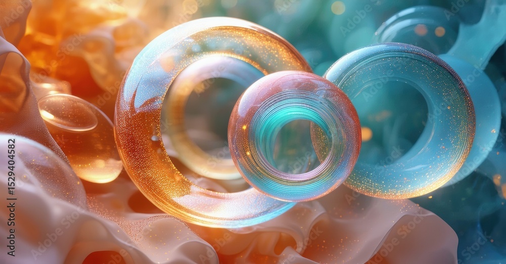 Poster abstract fluid shapes, vibrant colors blend. rings intertwine, creating dynamic composition. light s