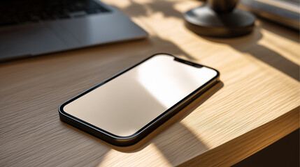 Smartphone on Wooden Desk in Bright Natural Light