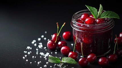 Dramatic close-up of cherry preserves in syrup with fresh mint and coarse salt on black background, natural side lighting emphasizing rich colors and textures
