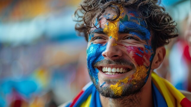 A smiling young man with colorful face paint captures the excitement of a sporting event, showcasing enthusiasm and team spirit amidst a vibrant background of fans.