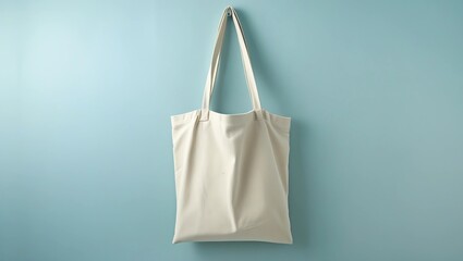 Cotton bag on blue background, space for text