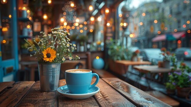 A beautifully arranged café scene featuring a cup of latte and a pot of flowers, illuminated by warm lights, evoking feelings of comfort and relaxation.