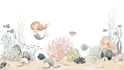 Cute mermaids on seabed with different fishes, stones and sea plants. Watercolor cartoon isolated illustration for your design childish mural, wallpaper or background, hand-drawn horizontal border.