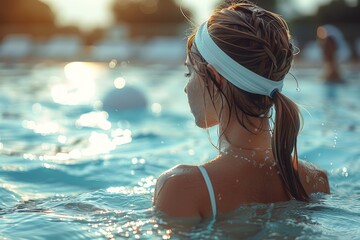 A serene image of a woman enjoying a tranquil moment in a swimming pool, capturing the essence of relaxation and leisure on a sunny day.