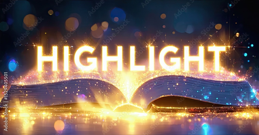 Aufkleber Open book radiates bright light. Sparkling particles surround pages. Dramatic illumination creates magical effect. Text reads HIGHLIGHT.