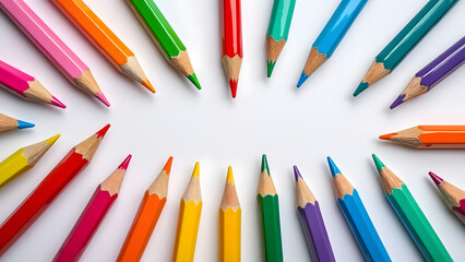 Whole view of multiple colorful pencils arranged in circle on white background, creating vibrant and creative atmosphere