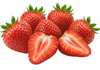 Freshly cut strawberries arranged artistically on a white background, showcasing their vibrant color
