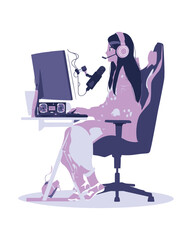 Young Woman Engaged in Live Streaming with Headset and Computer