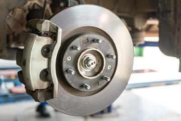 Car wheel disc brake and caliper part that disassembled from inspection. Vehicle equipment part...