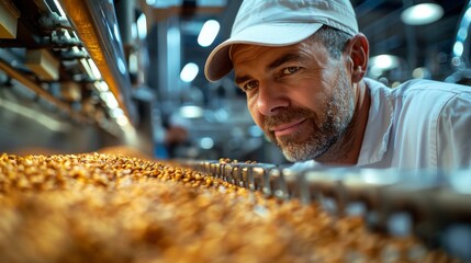 A focused worker stands next to a batch of freshly roasted coffee beans in a coffee roasting factory, blending craftsmanship and technology for exceptional flavor.