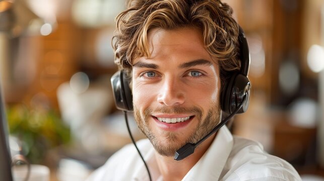 A friendly young man wearing a headset smiles warmly at the camera, embodying dedication and professionalism in a modern office setting filled with soft lighting.