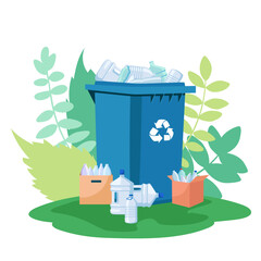 Blue recycling bin full of plastic bottles, surrounded by cardboard boxes and greenery, on white background. Concept of plastic recycling. Vector illustration