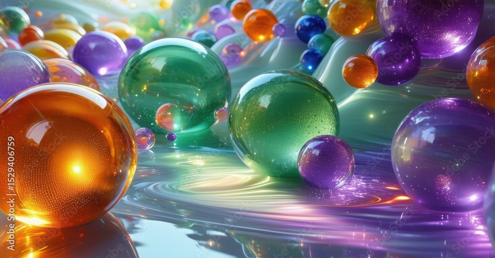 Poster colorful glossy spheres float, reflect light. vibrant hues create abstract, dynamic composition. smo
