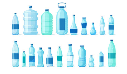 Collection of plastic water bottles in diverse shapes and volumes, flat graphic style, isolated on white background. Concept of packaging and hydration. Vector illustration