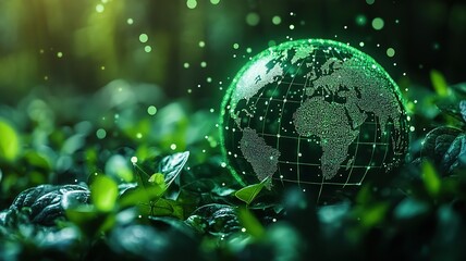 Zero carbon emission environmental illustration: Earth ecological restoration and green energy symbiosis scene, ideal for corporate social responsibility reports, environmental brochures or sustainabl