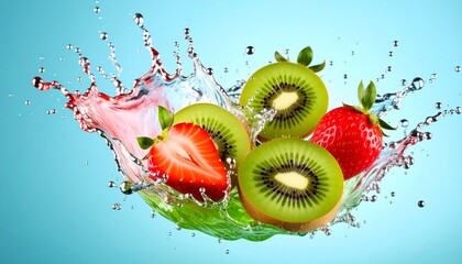 Fresh strawberries and sliced kiwi fruit are captured in a vibrant splash of water creating a dynamic and refreshing image against a blue background for advertising.