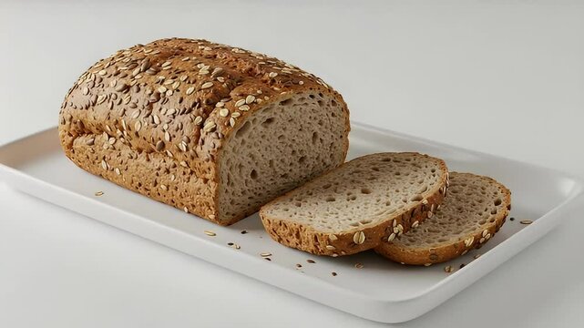 Brown Seeded Whole Grain Bread Slices on White Square Plate in a Studio Shot with Soft Lighting and White Background for Adobe Stock