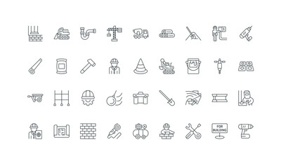 Brick wall and foundation, welding, demolition thin black symbols vector illustration. Construction site works, builders and engineer equipment, tools to build and repair house line icon set.