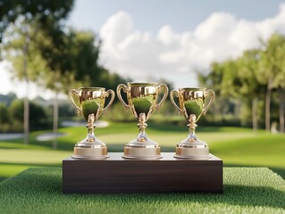 tournament award podium with golf trophies 3d render