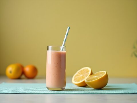 Wellness positivity and productivity concept. Healthy smoothie on a yoga mat with citrus fruit in the background.