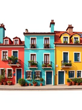 A row of colorful townhouses with unique facades, each painted bright and cheerful. Include small balconies, potted plants, and a cobblestone street on a white background