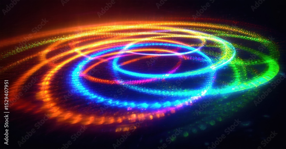 Poster bright colorful spirals radiate from center. vivid hues blend, creating dynamic light effect against