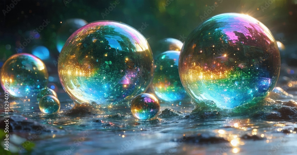 Poster colorful bubbles rest upon wet surface. reflections create vibrant, otherworldly scene. light sparkl